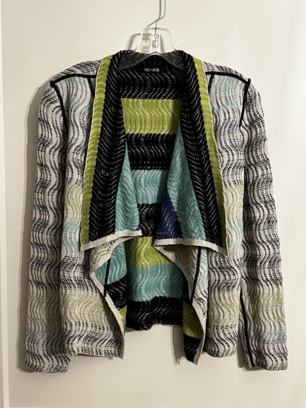 NIC + ZOE SHADED WAVES REVERSIBLE OPEN FRONT DRAPED CARDIGAN Sz M? Resort Beach